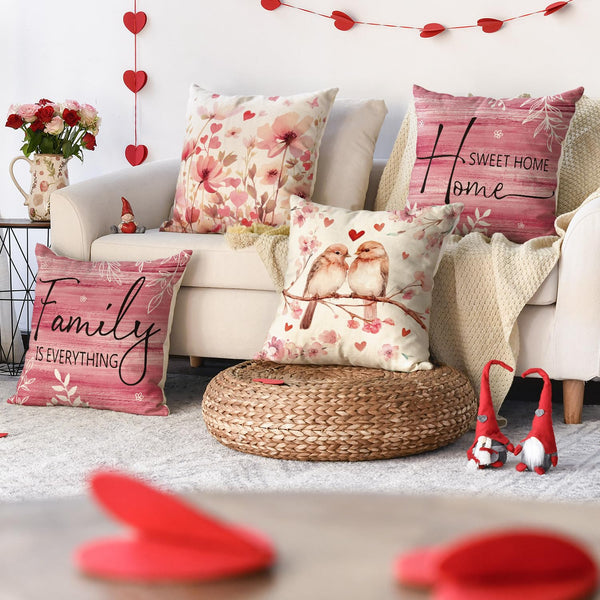 Valentine's Day Poppy Flowers Chickadee Home Sweet Home Throw Pillow Covers, 18 x 18 Pink Family is Everything