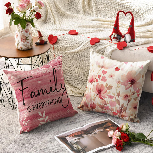 Valentine's Day Poppy Flowers Chickadee Home Sweet Home Throw Pillow Covers, 18 x 18 Pink Family is Everything