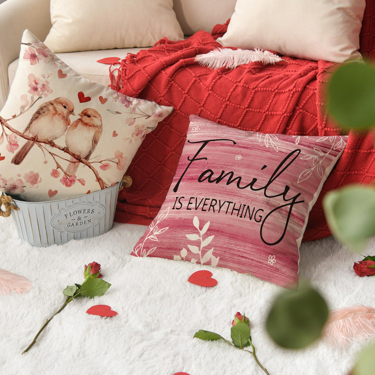 Valentine's Day Poppy Flowers Chickadee Home Sweet Home Throw Pillow Covers, 18 x 18 Pink Family is Everything
