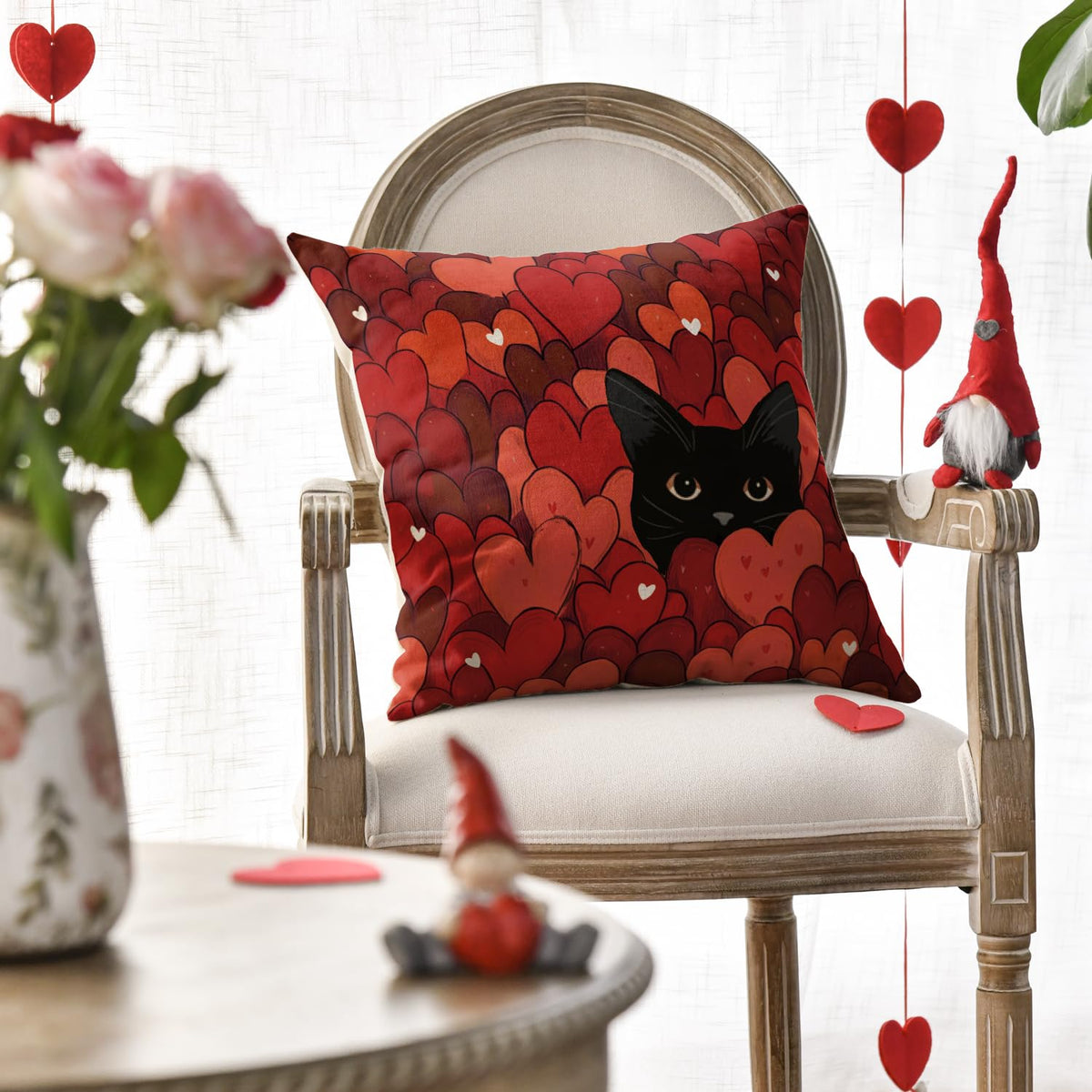 4 pack Valentine's Day Red Heart Throw Pillow Cover, 18 x 18 Black cat Anniversary Wedding Cushion Case
