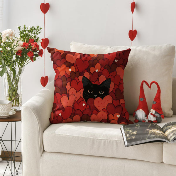 4 pack Valentine's Day Red Heart Throw Pillow Cover, 18 x 18 Black cat Anniversary Wedding Cushion Case