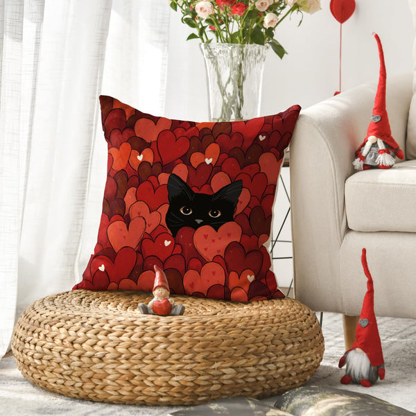 4 pack Valentine's Day Red Heart Throw Pillow Cover, 18 x 18 Black cat Anniversary Wedding Cushion Case