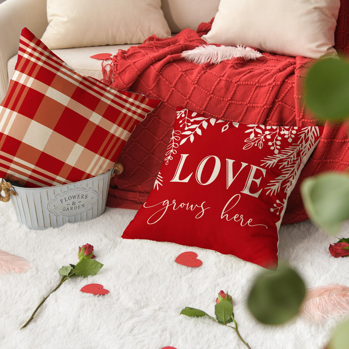 Valentine's Day Pillow Covers 18 x 18 Inch Set of 4 - Red Black Stripes Love Heart I Love You (Copy)