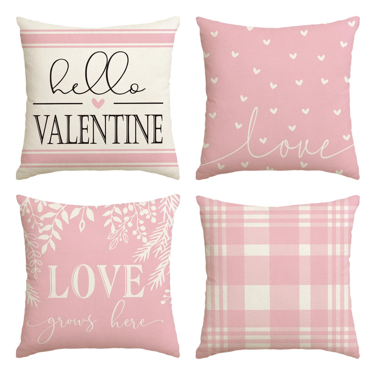 Valentine's Day Pink and White Love Throw Pillow Covers, 18 x 18 Inch Hello Valentine Plaid