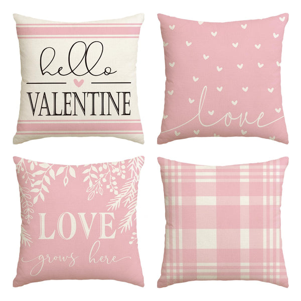 Valentine's Day Pink and White Love Throw Pillow Covers, 18 x 18 Inch Hello Valentine Plaid