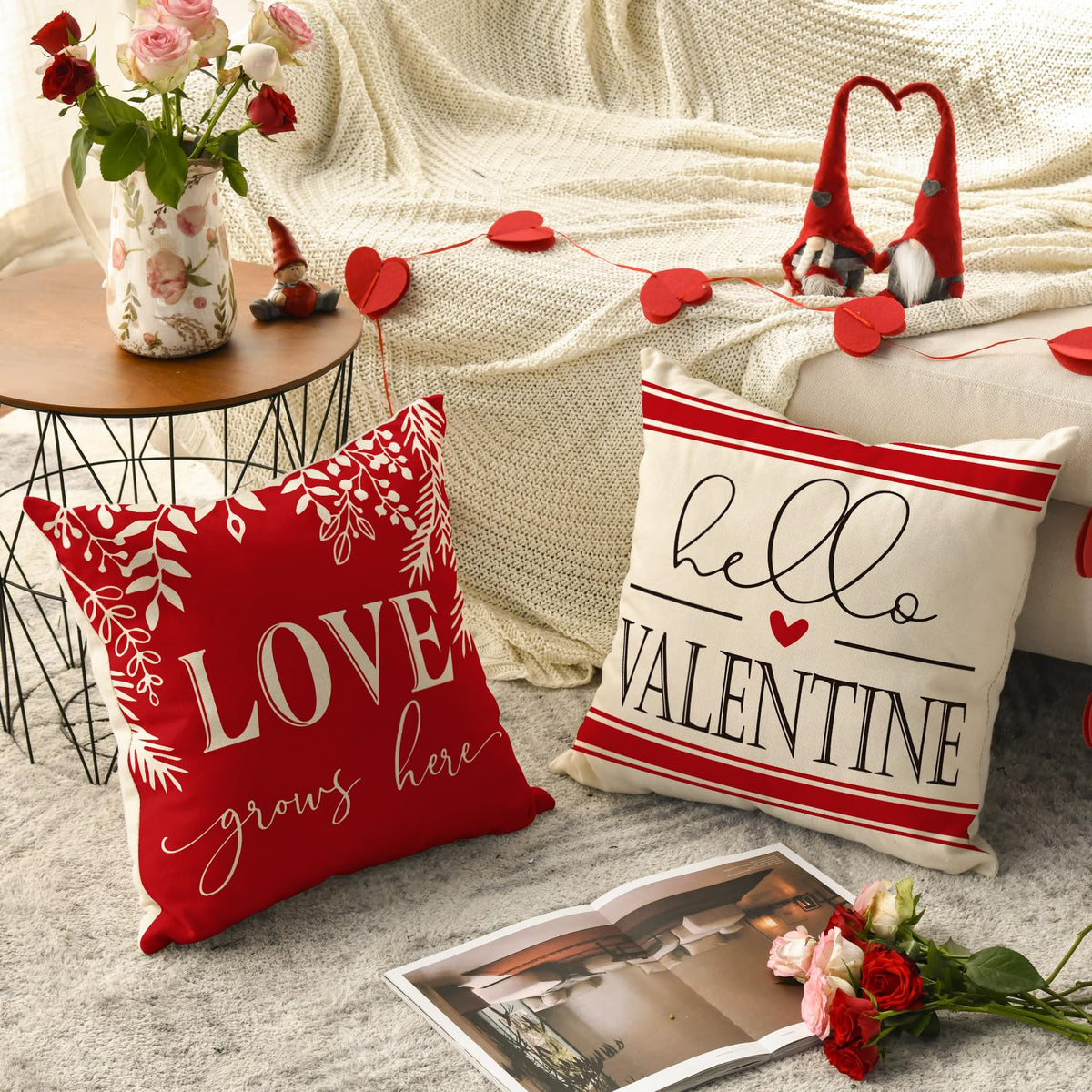 Valentine's Day Pillow Covers 18 x 18 Inch Set of 4 - Red Black Stripes Love Heart I Love You (Copy)