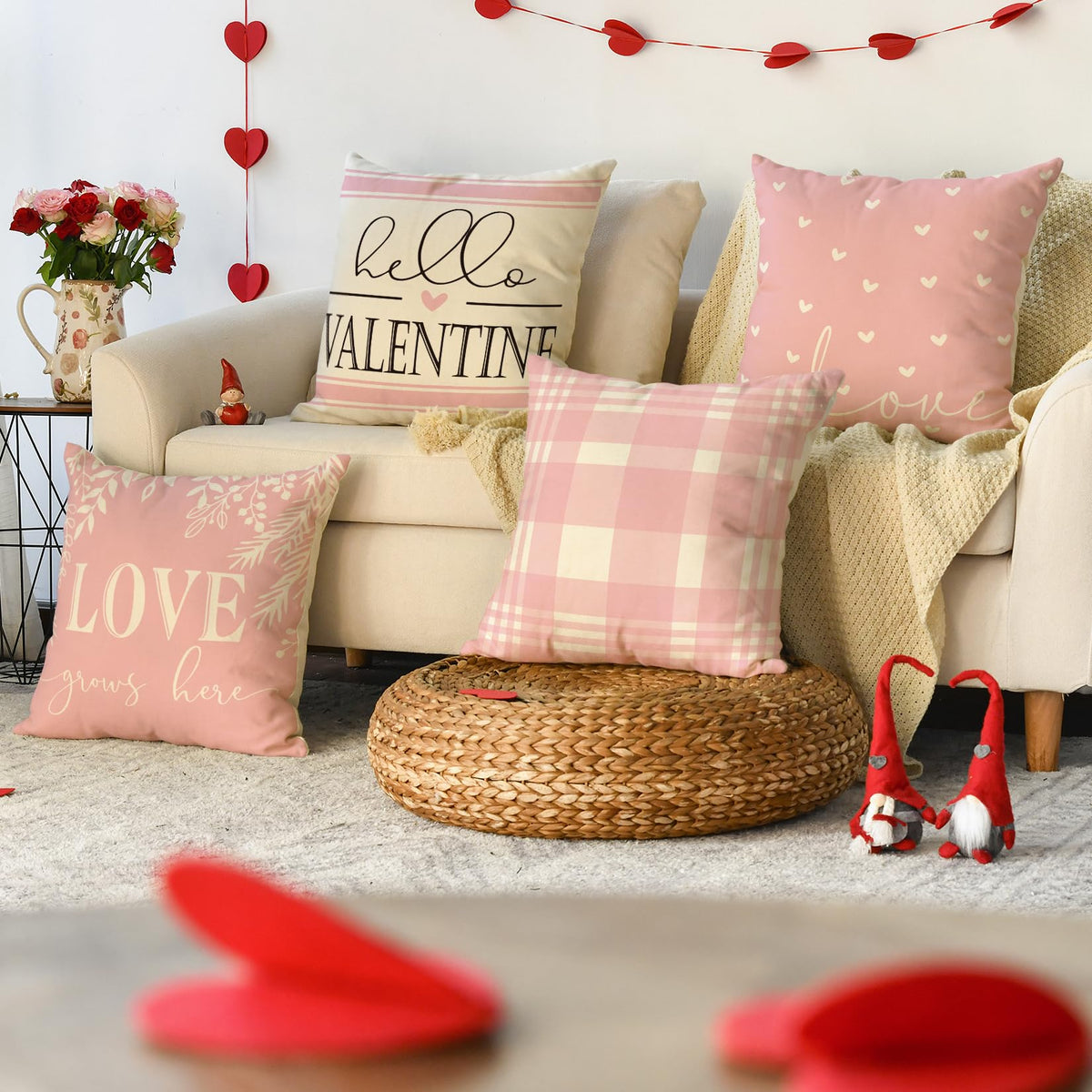 Valentine's Day Pink and White Love Throw Pillow Covers, 18 x 18 Inch Hello Valentine Plaid