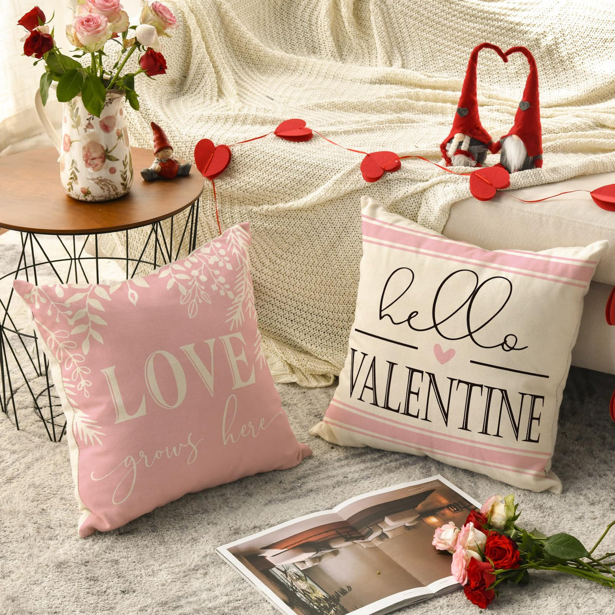 Valentine's Day Pink and White Love Throw Pillow Covers, 18 x 18 Inch Hello Valentine Plaid