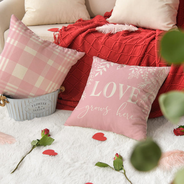 Valentine's Day Pink and White Love Throw Pillow Covers, 18 x 18 Inch Hello Valentine Plaid