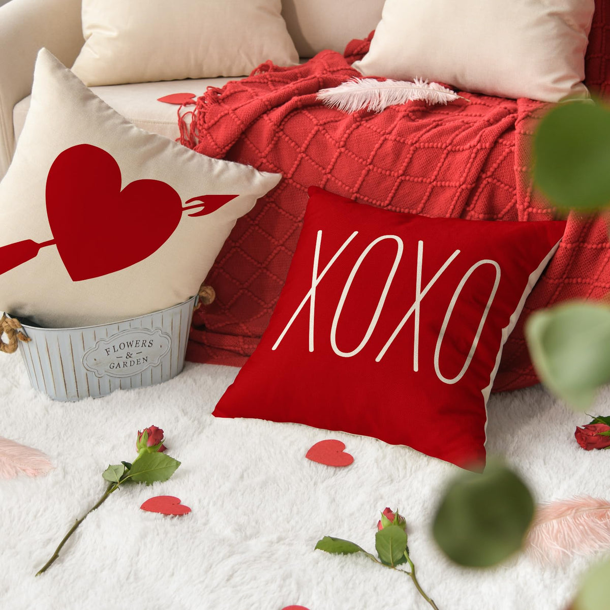 Valentine's Day Saying Throw Pillow Cover, 18 x 18 Inch Holiday Kisses Hugs XOXO Love Heart Arrow