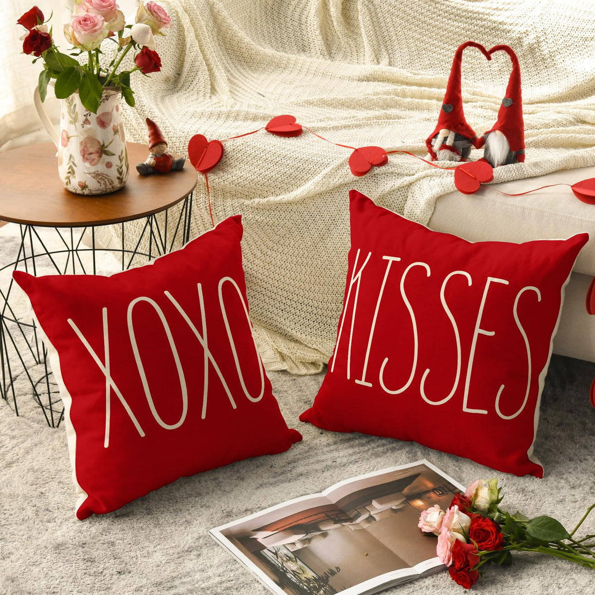 Valentine's Day Saying Throw Pillow Cover, 18 x 18 Inch Holiday Kisses Hugs XOXO Love Heart Arrow