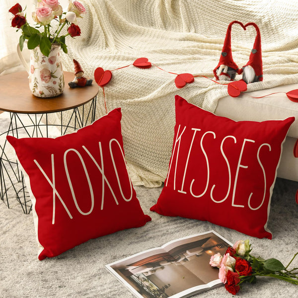 Valentine's Day Saying Throw Pillow Cover, 18 x 18 Inch Holiday Kisses Hugs XOXO Love Heart Arrow