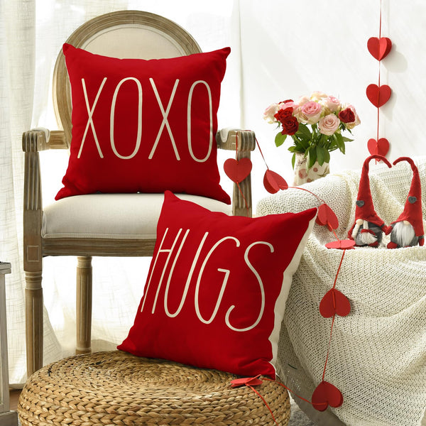 Valentine's Day Saying Throw Pillow Cover, 18 x 18 Inch Holiday Kisses Hugs XOXO Love Heart Arrow