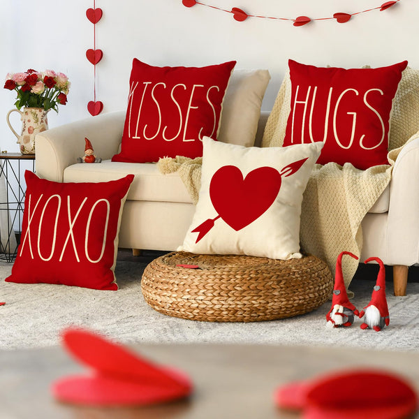 Valentine's Day Saying Throw Pillow Cover, 18 x 18 Inch Holiday Kisses Hugs XOXO Love Heart Arrow
