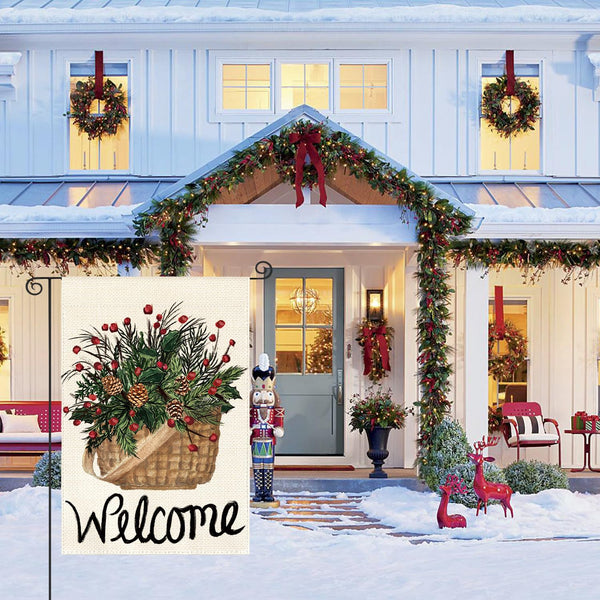 Welcome Holly Red Berries Garden Flag 12x18 Inch 1 Sided, Winter Christmas Farmhouse