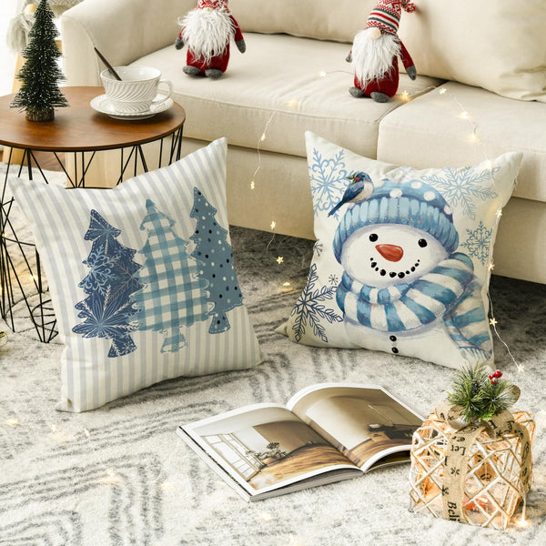 Set of 4 Winter Snowman Joy Snowflake Christmas Throw Pillow Covers, 18 x 18