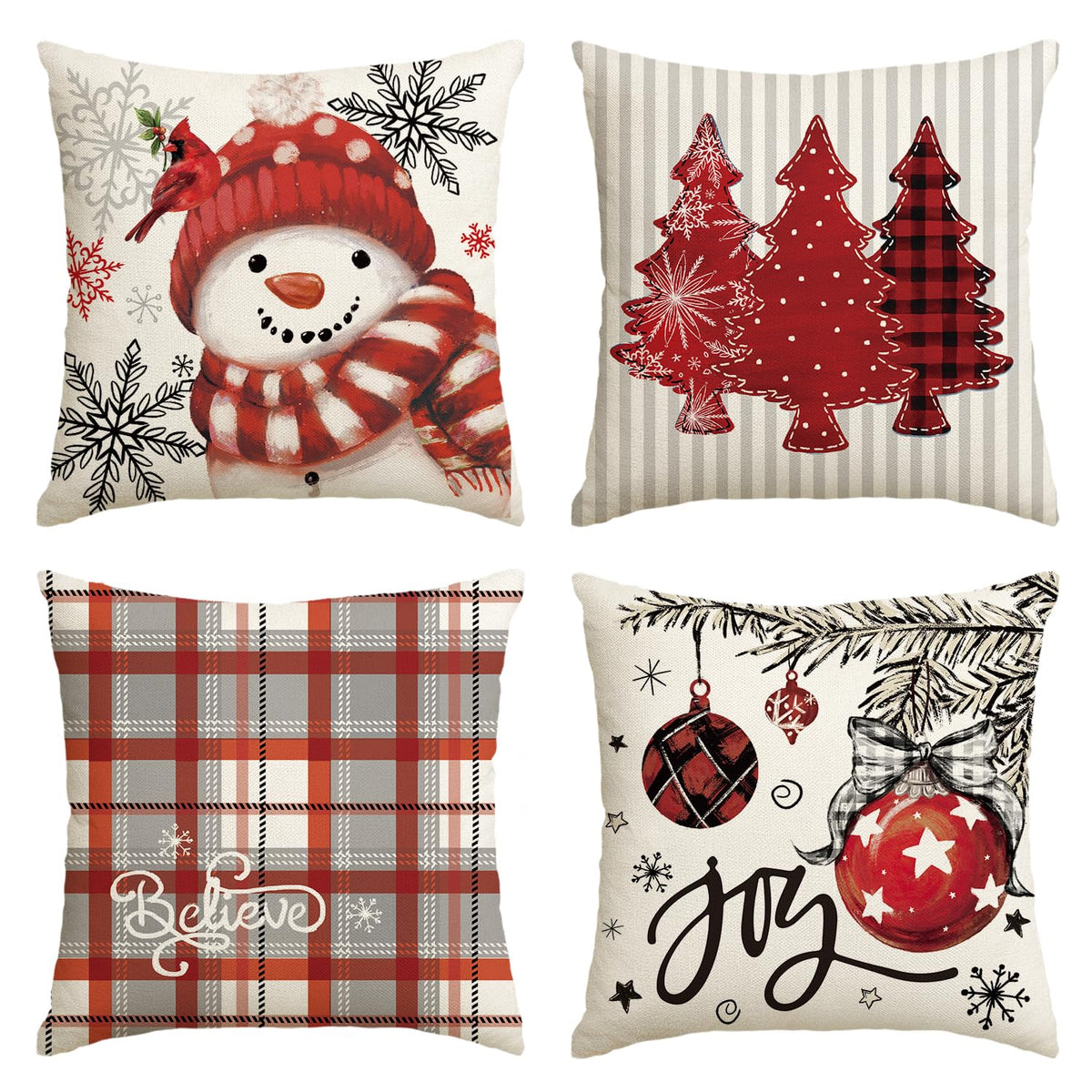 Winter Snowman Joy Snowflake Christmas Red Throw Pillow Covers, 18 x 18 Inch Xmas Tree Winter Holiday Buffalo Plaid