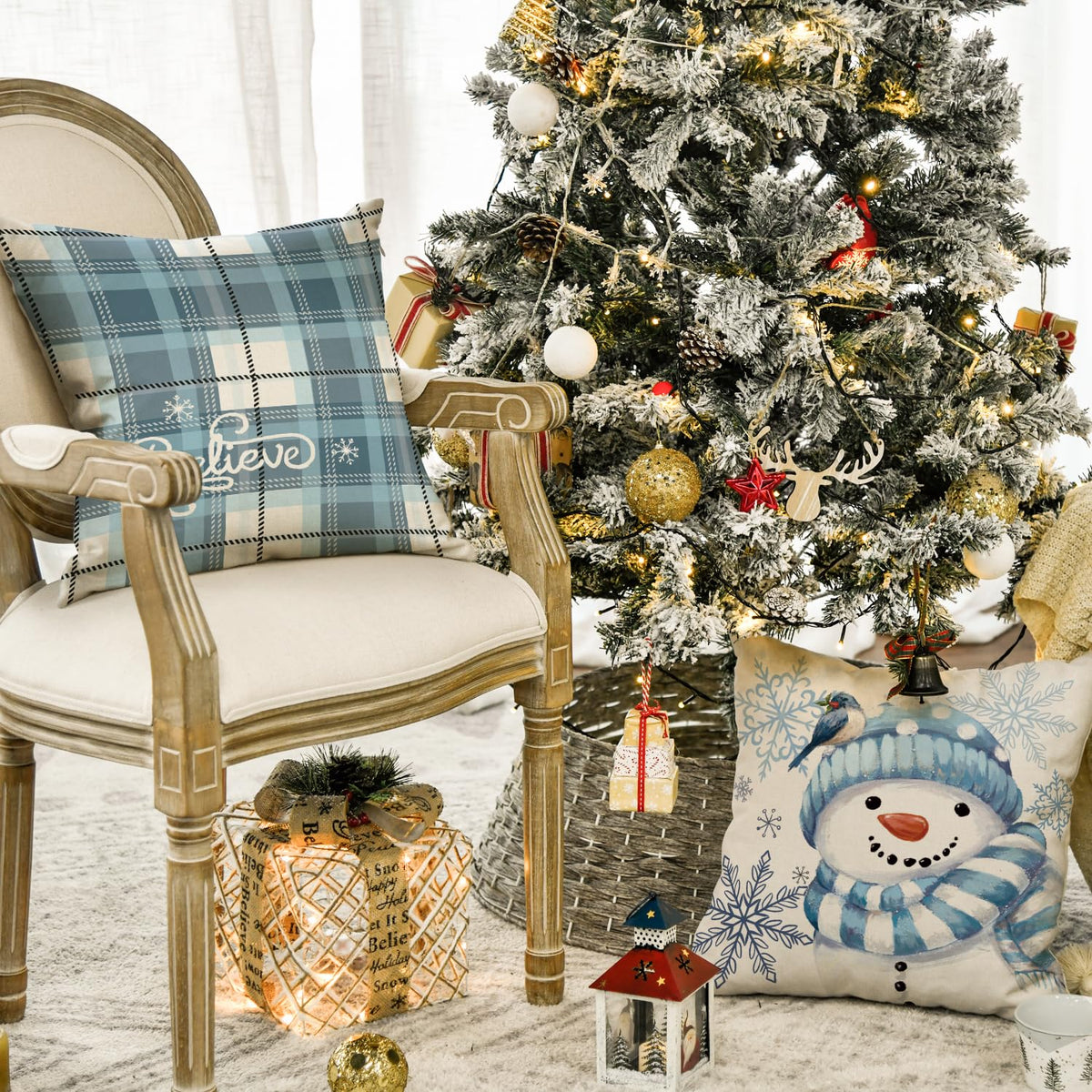 Set of 4 Winter Snowman Joy Snowflake Christmas Throw Pillow Covers, 18 x 18