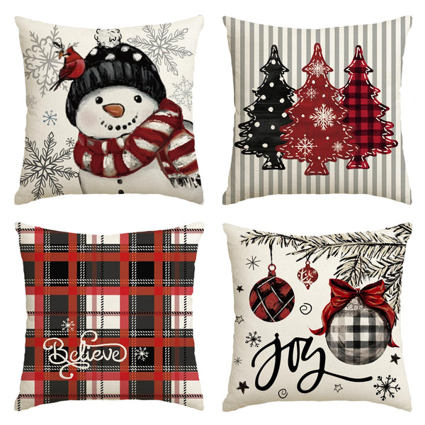 Winter Snowman Joy Snowflake Christmas Throw Pillow Covers, 18 x 18 Inch Red Xmas Tree Winter Holiday Buffalo Plaid