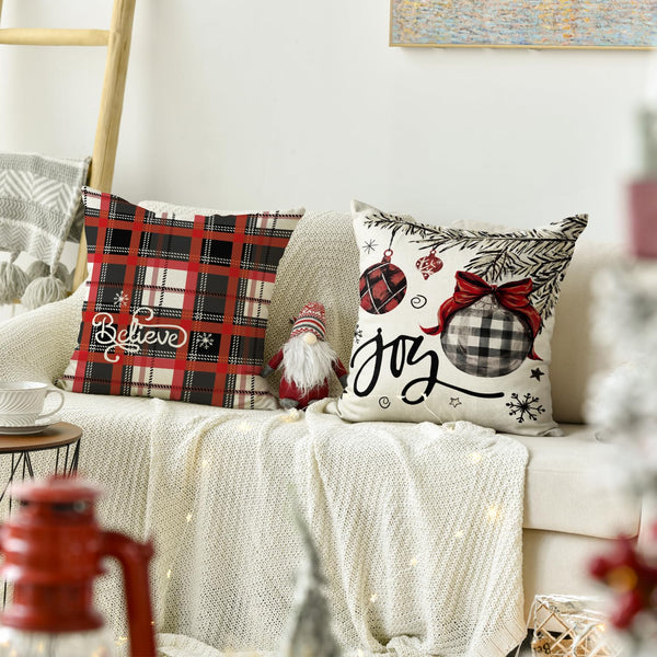 Winter Snowman Joy Snowflake Christmas Throw Pillow Covers, 18 x 18 Inch Red Xmas Tree Winter Holiday Buffalo Plaid