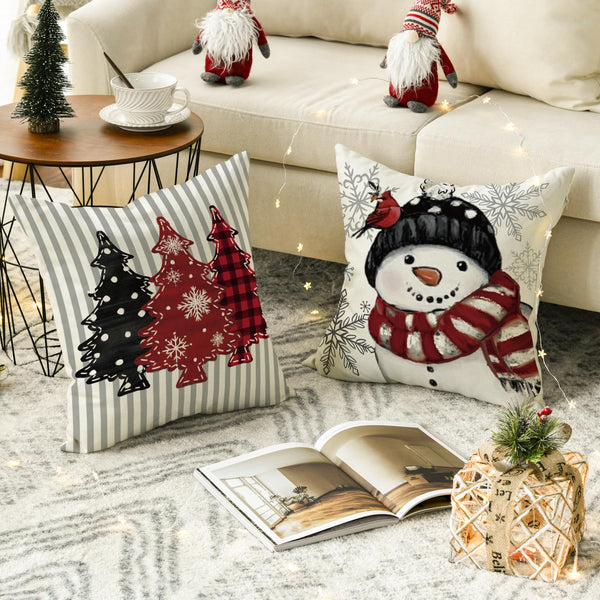 Winter Snowman Joy Snowflake Christmas Throw Pillow Covers, 18 x 18 Inch Red Xmas Tree Winter Holiday Buffalo Plaid