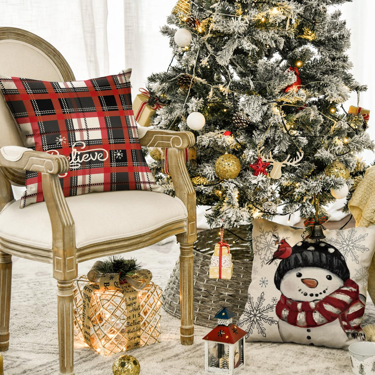 Winter Snowman Joy Snowflake Christmas Throw Pillow Covers, 18 x 18 Inch Red Xmas Tree Winter Holiday Buffalo Plaid