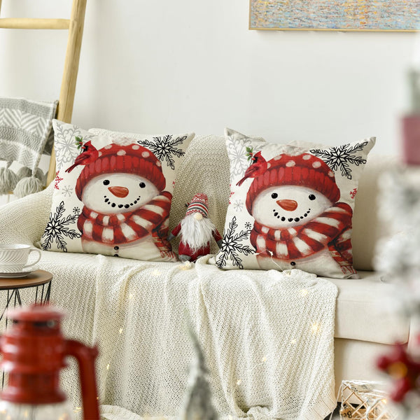 Winter Snowman Snowflake Bird Throw Pillow Covers Set of 2, 18 x 18 Inch Red
