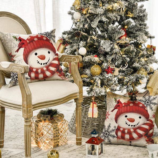Winter Snowman Snowflake Bird Throw Pillow Covers Set of 2, 18 x 18 Inch Red