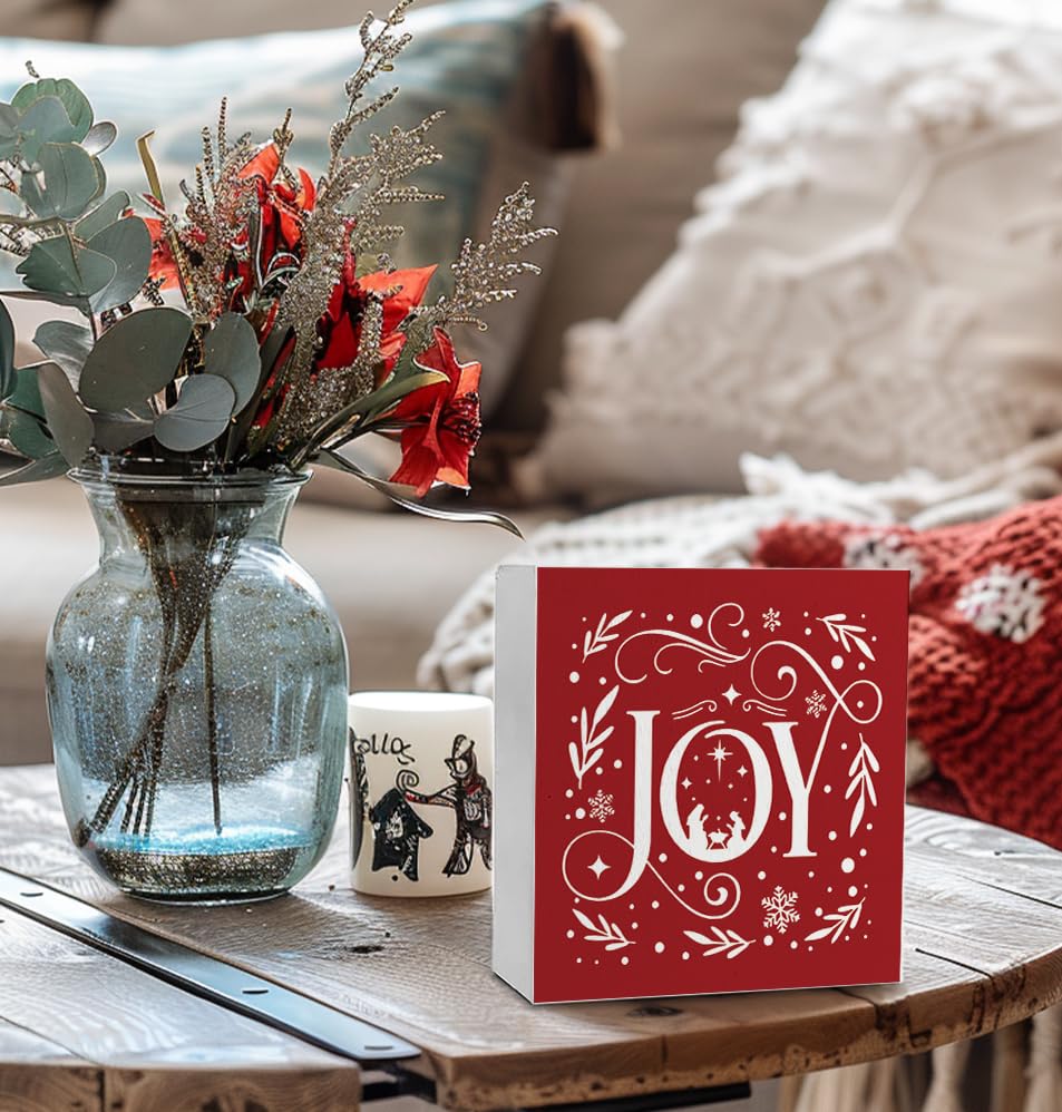Joy Christian Christmas Wooden Box Sign, Farmhouse Red Christmas Snowflake Xmas Wood Sign
