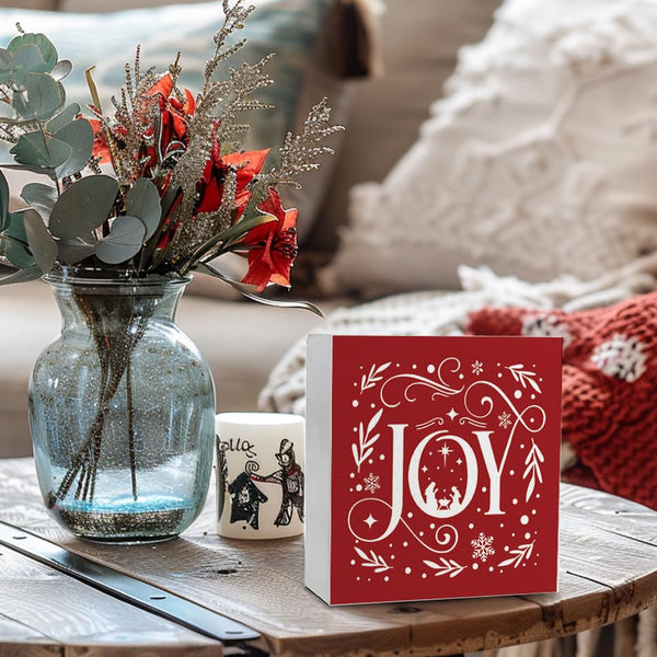 Joy Christian Christmas Wooden Box Sign, Farmhouse Red Christmas Snowflake Xmas Wood Sign