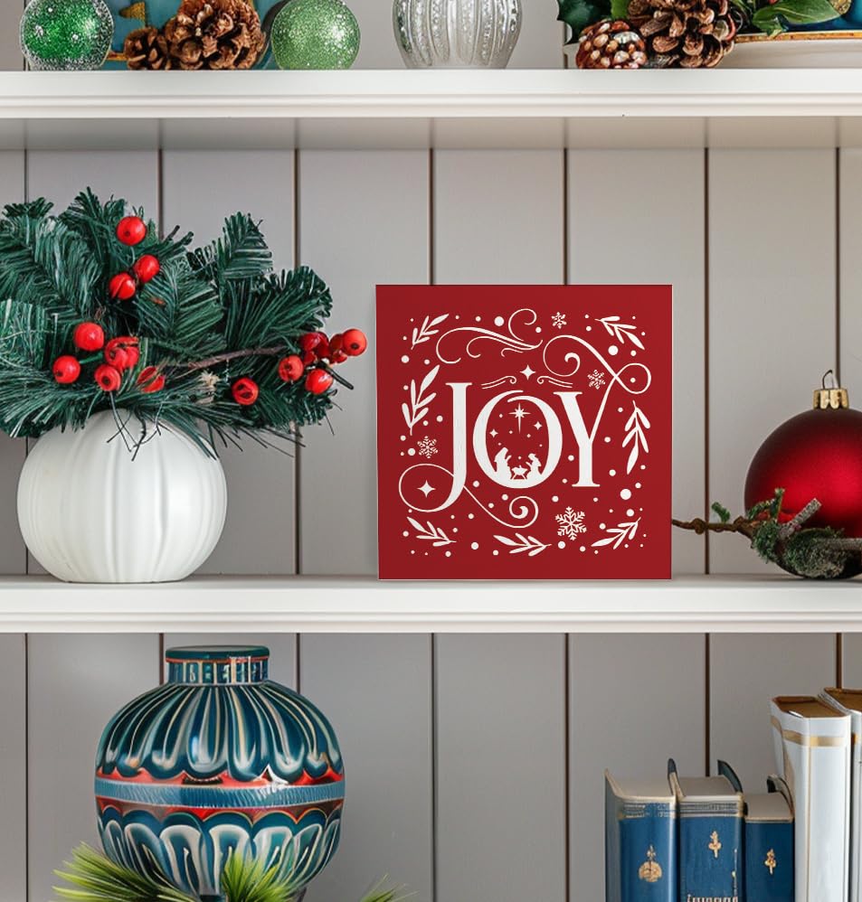 Joy Christian Christmas Wooden Box Sign, Farmhouse Red Christmas Snowflake Xmas Wood Sign