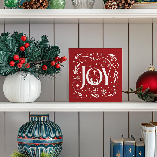 Joy Christian Christmas Wooden Box Sign, Farmhouse Red Christmas Snowflake Xmas Wood Sign