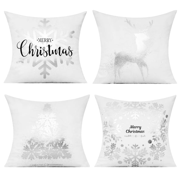 White Christmas Sliver Throw Pillow Covers Xmas Cases Decorations 18X18 Set of 4