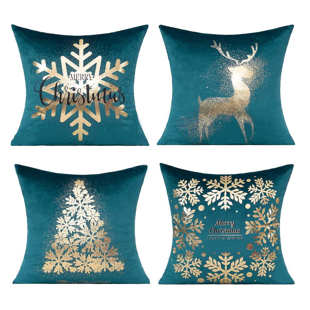 Teal Christmas Gold Throw Pillow Covers Xmas Cases Decorations 18X18 Set of 4