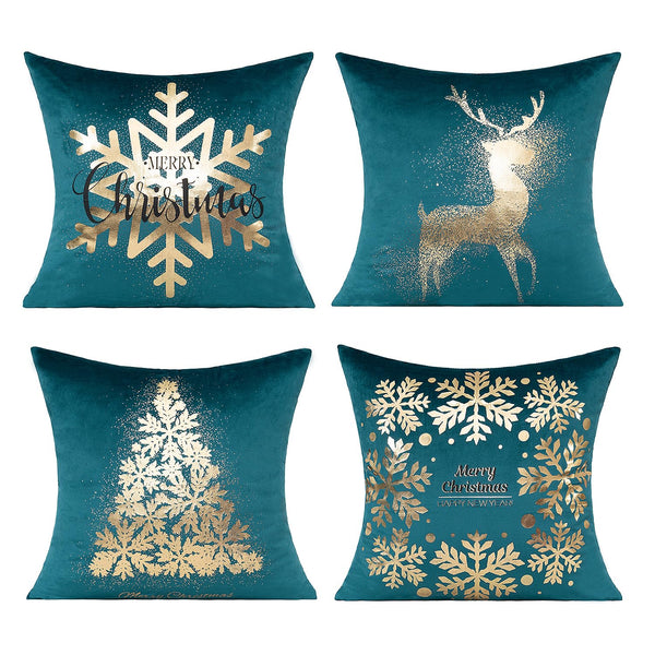 Teal Christmas Gold Throw Pillow Covers Xmas Cases Decorations 18X18 Set of 4