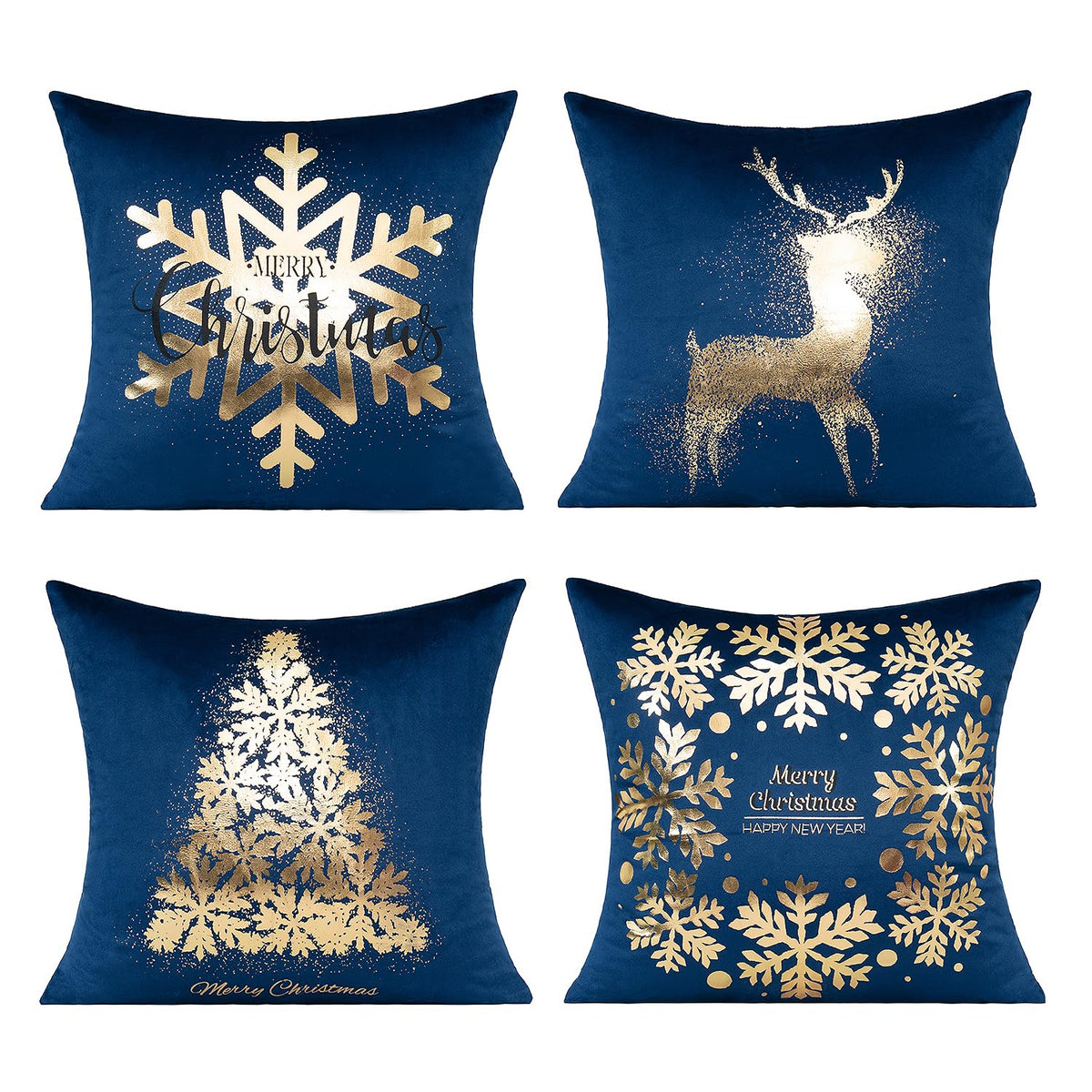 Blue Christmas Gold Throw Pillow Covers Xmas Cases Decorations 18X18 Set of 4