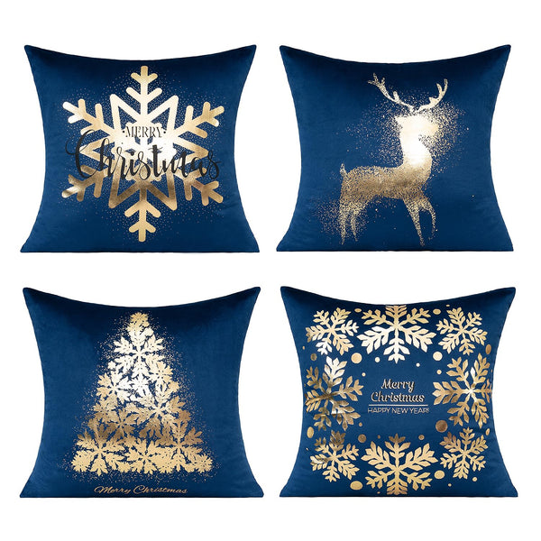 Blue Christmas Gold Throw Pillow Covers Xmas Cases Decorations 18X18 Set of 4