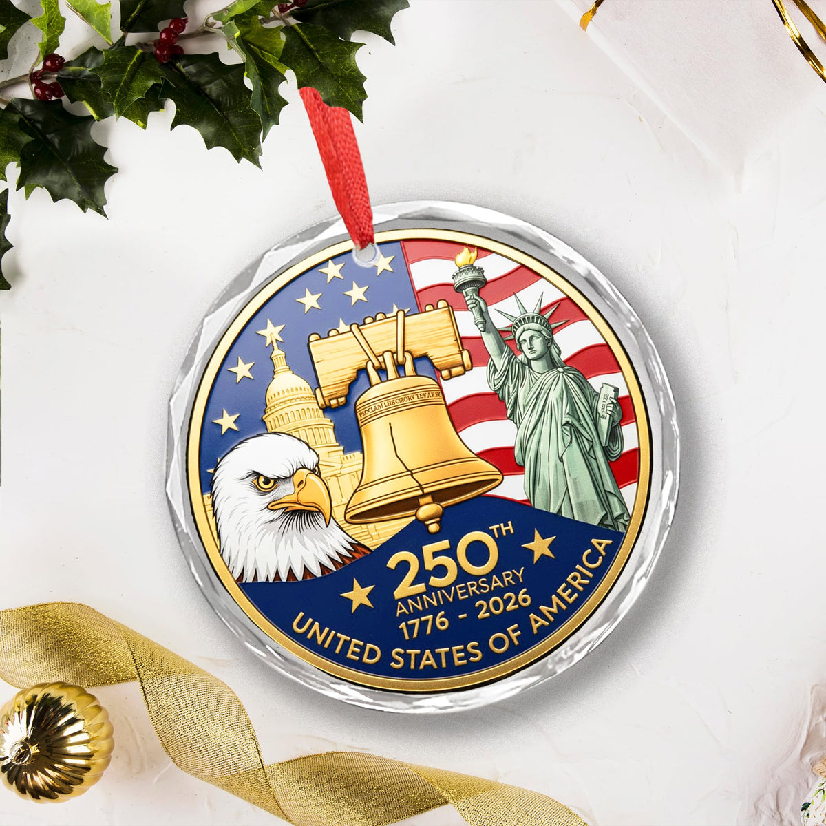 America 250th Anniversary Glass Ornament 1776–2026 – Patriotic Crystal Christmas Ornament