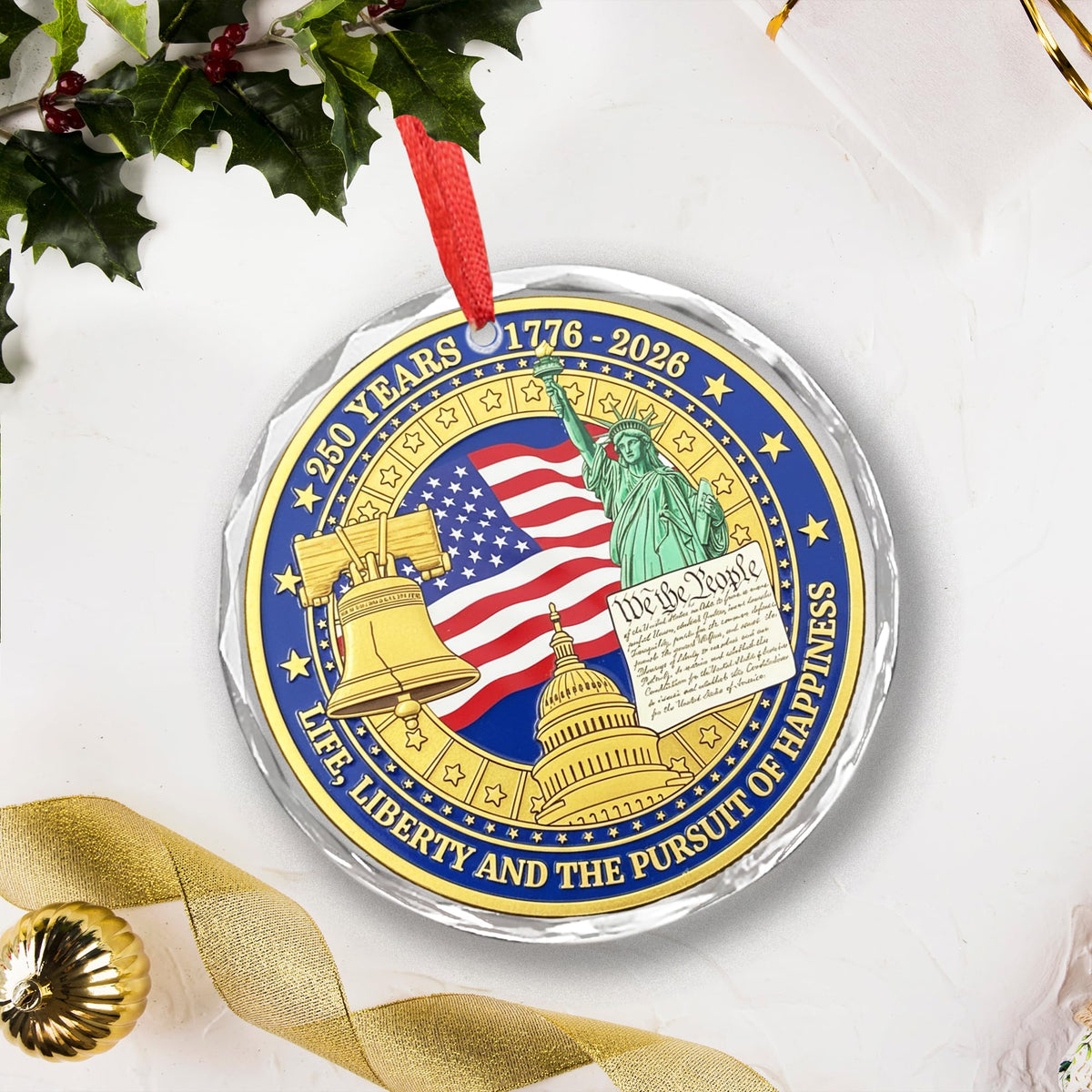 America 250th Anniversary Glass Ornament 1776–2026 – Patriotic Crystal Christmas Ornament