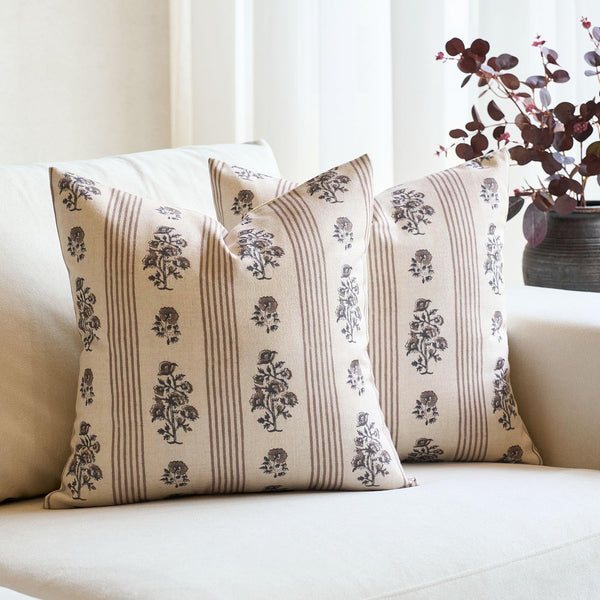 Floral Throw Pillow Covers 18x18 Set of 2 Block Print Pillow Covers Neutral Floral Striped