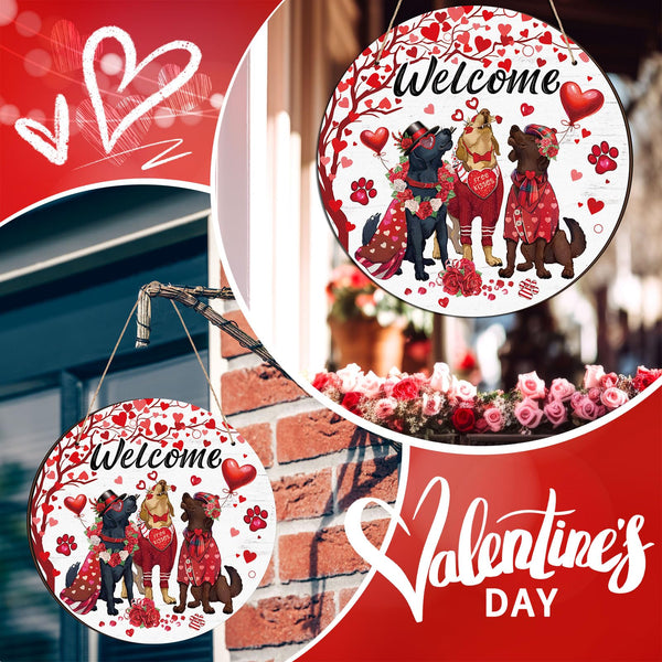 Valentine's Day Dogs Door Decorations Wooden Valentine Welcome Hanging Signs 8x8 Inch Rose Red Heart Dog Wreath Front Porch Farmhouse Decor