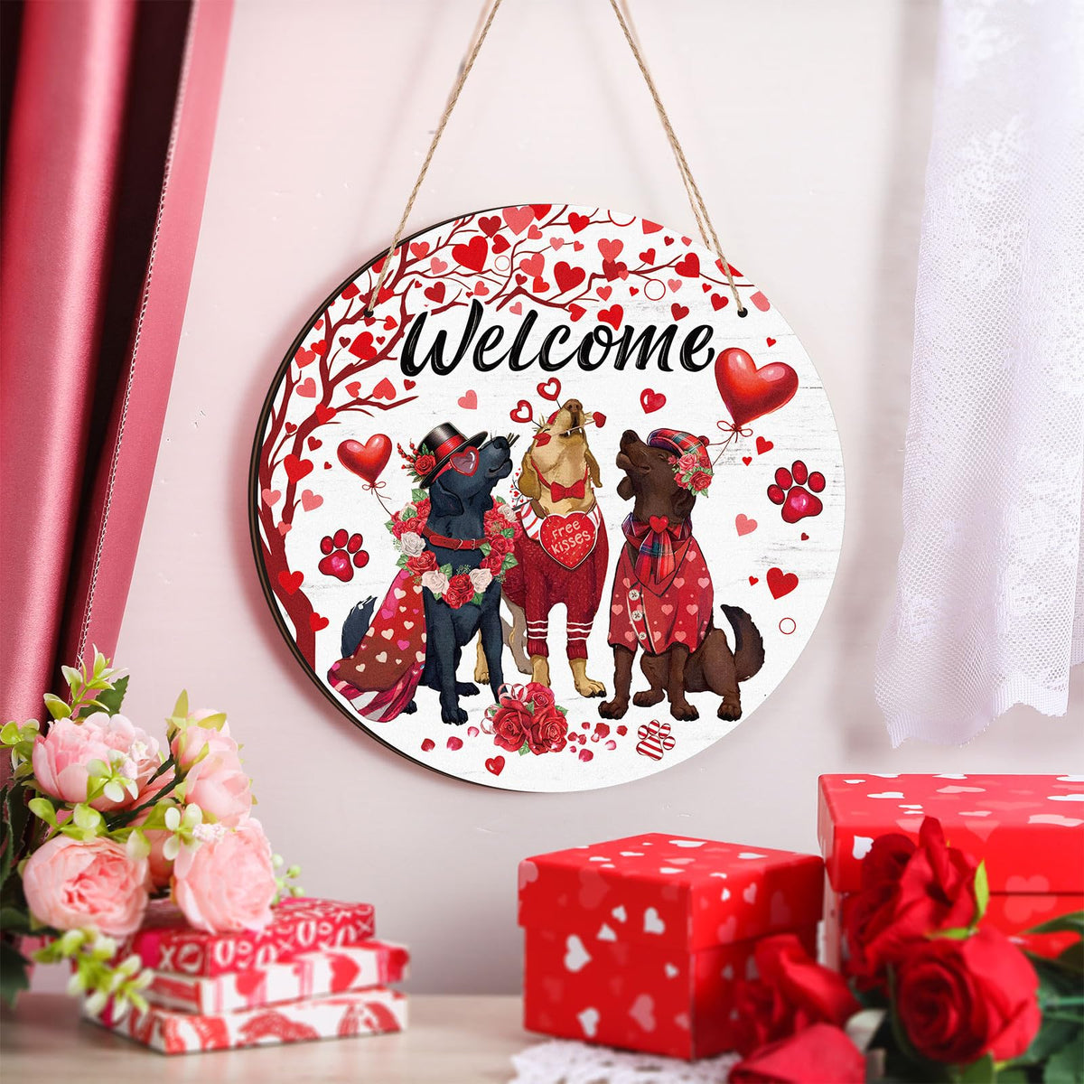 Valentine's Day Dogs Door Decorations Wooden Valentine Welcome Hanging Signs 8x8 Inch Rose Red Heart Dog Wreath Front Porch Farmhouse Decor