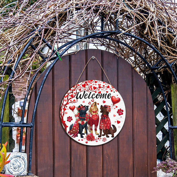 Valentine's Day Dogs Door Decorations Wooden Valentine Welcome Hanging Signs 8x8 Inch Rose Red Heart Dog Wreath Front Porch Farmhouse Decor