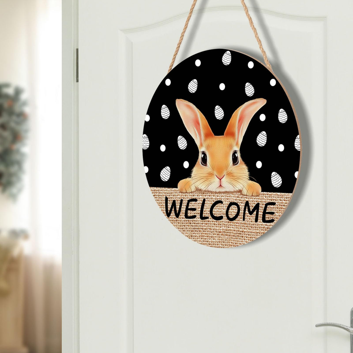 Welcome Door Sign For Front Door Decor,Easter Bunny Eggs Black Wooden Sign 8"x 8" Round Easter Hanging Door Sign