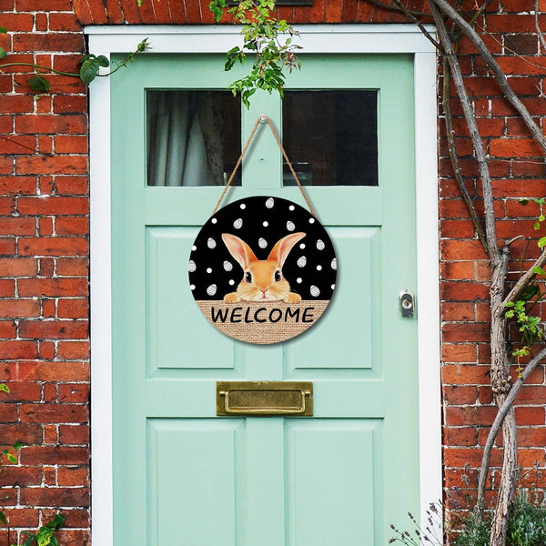 Welcome Door Sign For Front Door Decor,Easter Bunny Eggs Black Wooden Sign 8"x 8" Round Easter Hanging Door Sign