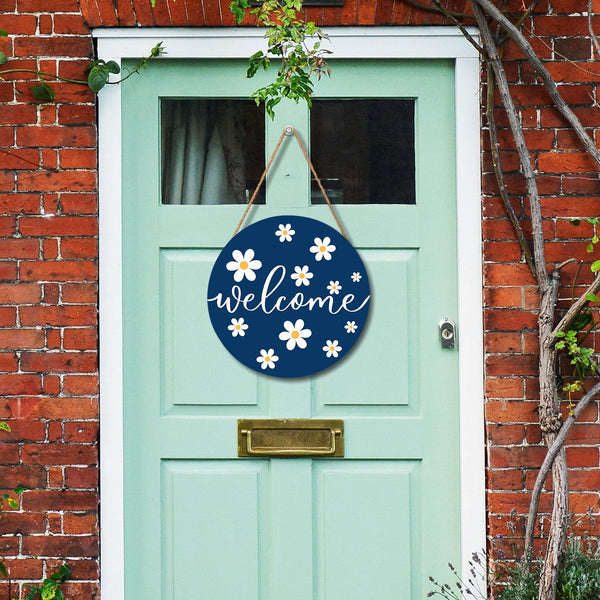 Spring White Daisy Flower Door Sign For Front Door Decor,Daisy Welcome Blue Wooden Sign