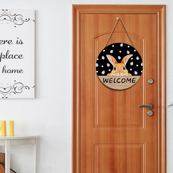 Welcome Door Sign For Front Door Decor,Easter Bunny Eggs Black Wooden Sign 8"x 8" Round Easter Hanging Door Sign