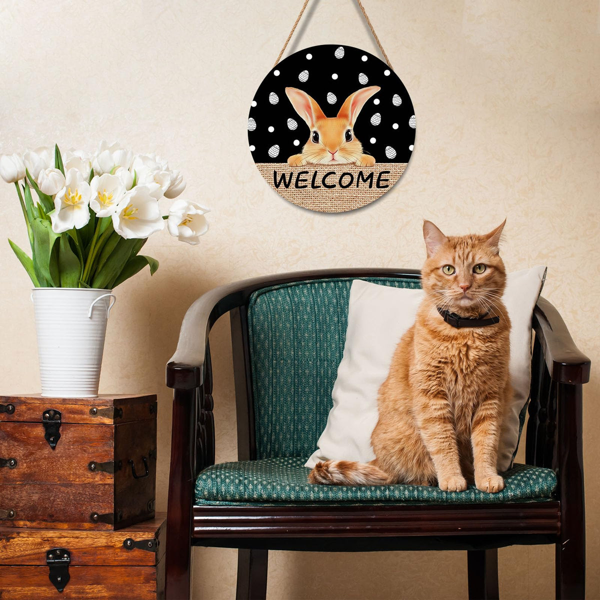 Welcome Door Sign For Front Door Decor,Easter Bunny Eggs Black Wooden Sign 8"x 8" Round Easter Hanging Door Sign