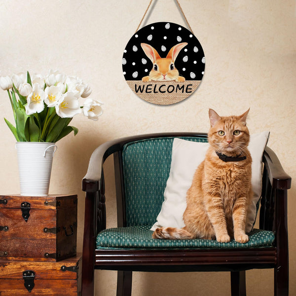 Welcome Door Sign For Front Door Decor,Easter Bunny Eggs Black Wooden Sign 8"x 8" Round Easter Hanging Door Sign