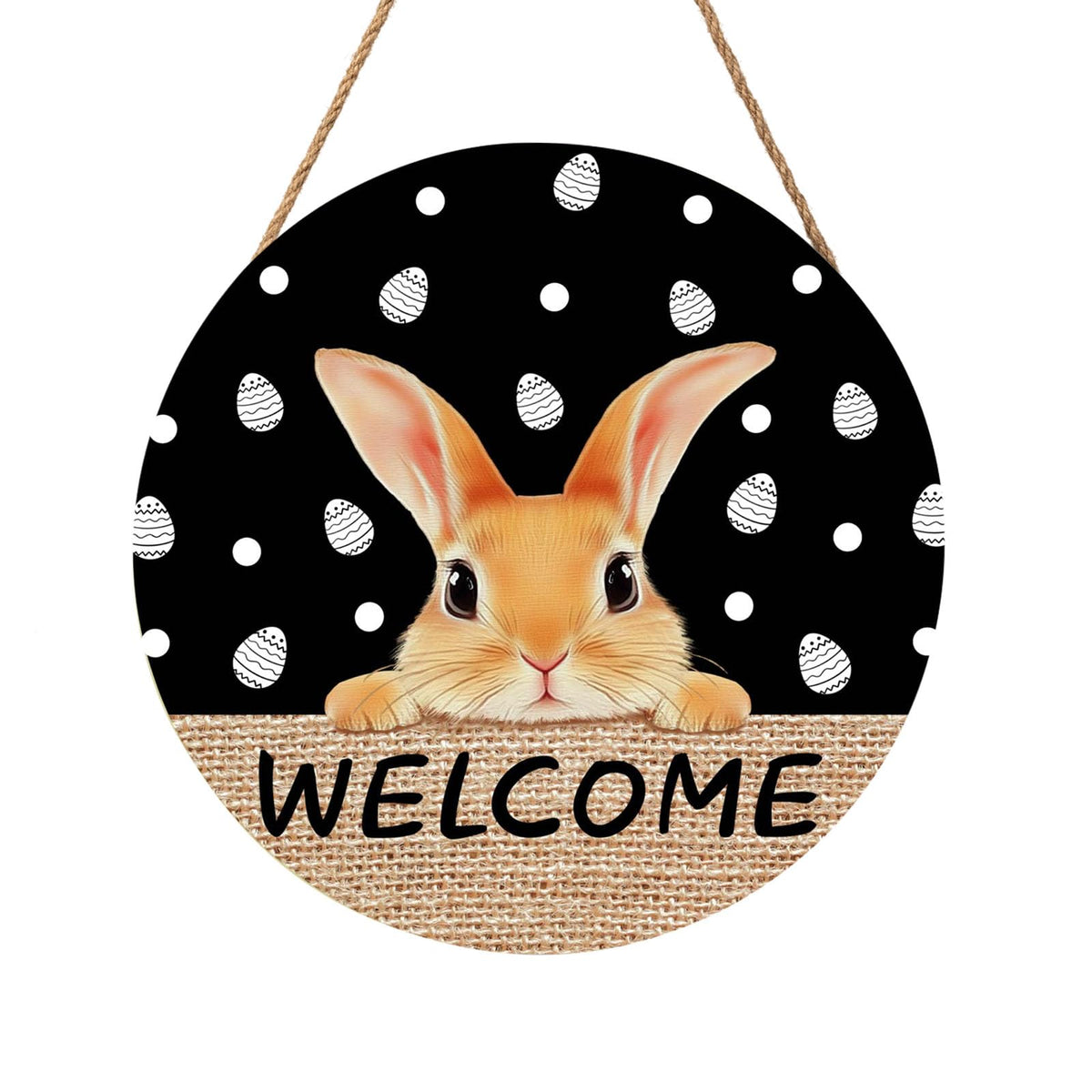 Welcome Door Sign For Front Door Decor,Easter Bunny Eggs Black Wooden Sign 8"x 8" Round Easter Hanging Door Sign